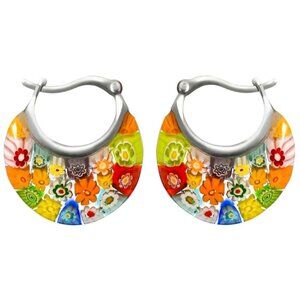 Multi Color Murano Style Glass Hoop Earrings for Women Daisy Flower Stainless
